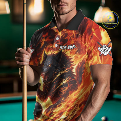 Orange Flaming Wolf 8 Ball Pool Billiard Shirt For Men Custom Billiard League Team Jersey TDM5252