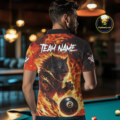 Orange Flaming Wolf 8 Ball Pool Billiard Shirt For Men Custom Billiard League Team Jersey TDM5252
