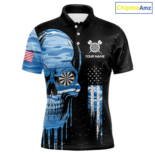 Blue Camo Skull American Flag Dart Shirt For Men Custom Patriotic Dart Jersey Team Polo & 1/4 Zip TDM5772