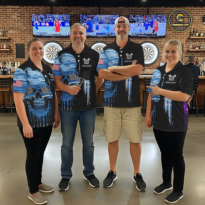 Blue Camo Skull American Flag Dart Shirt For Women Custom Patriotic Dart Jersey Team Polo & 1/4 Zip TDM5772