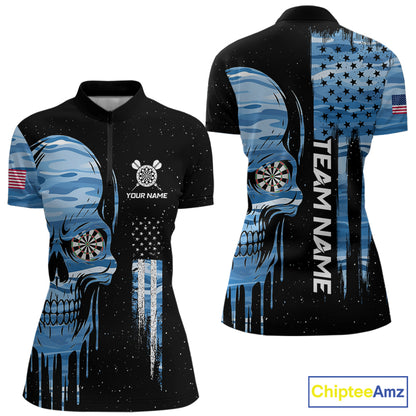 Blue Camo Skull American Flag Dart Shirt For Women Custom Patriotic Dart Jersey Team Polo & 1/4 Zip TDM5772