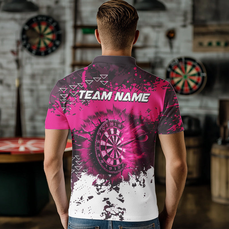 Personalized Pink Dartboard Fire Grunge Dart Shirts For Men Custom Darts Jerseys Polo & 1/4 Zip TDM3767