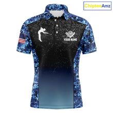 Load image into Gallery viewer, Custom Blue Camo US Flag 8 Ball Pool Shirt For Men, Billiard Team Jersey Polo &amp; 1/4 Zip TDM6139