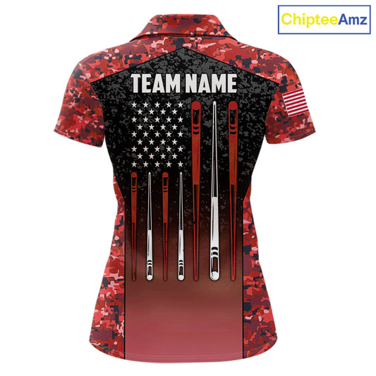 Custom Red Camo US Flag 8 Ball Pool Shirt For Women, Billiard Team Jersey Polo & 1/4 Zip TDM6140