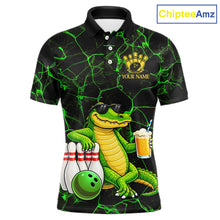 Load image into Gallery viewer, Black And Green Funny Alligator Bowling Shirt For Men Custom Lightning Bowling Team Jersey TDM6141