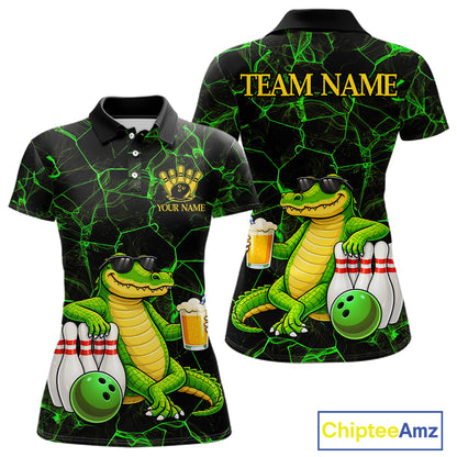 Black And Green Funny Alligator Bowling Shirt For Women Custom Lightning Bowling Team Jersey TDM6141