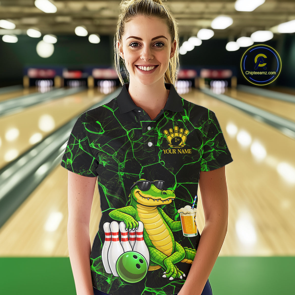 Black And Green Funny Alligator Bowling Shirt For Women Custom Lightning Bowling Team Jersey TDM6141