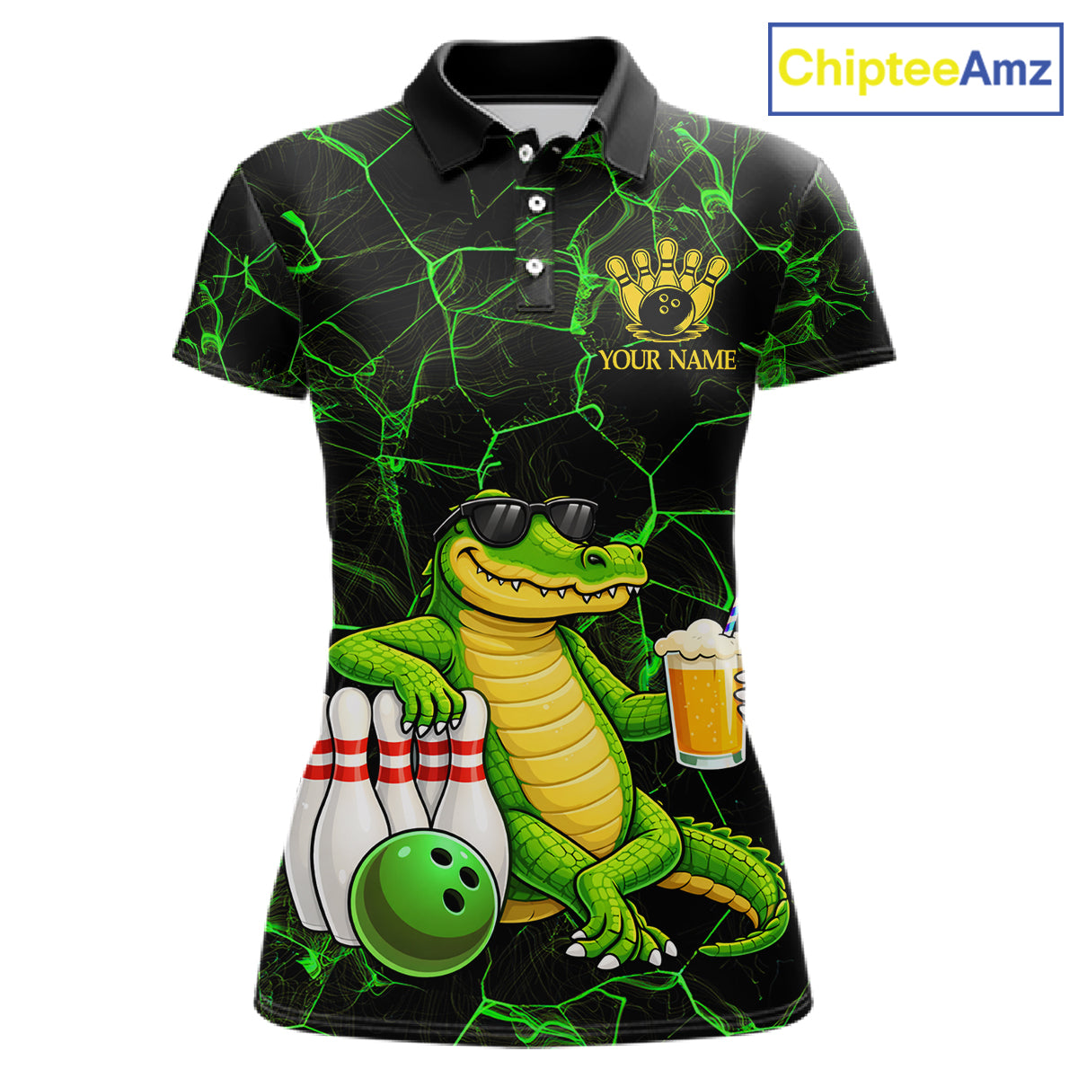 Black And Green Funny Alligator Bowling Shirt For Women Custom Lightning Bowling Team Jersey TDM6141