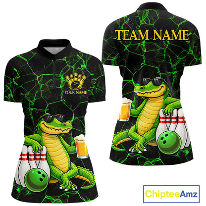 Black And Green Funny Alligator Bowling Shirt For Women Custom Lightning Bowling Team Jersey TDM6141