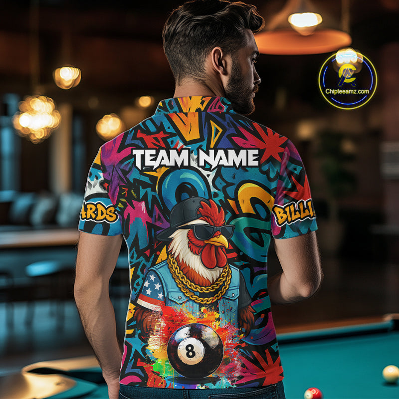 Funny Rooster Colorful Graffiti 8 Ball Billiard Shirt For Men Custom Pool Jersey Polo & 1/4 Zip TDM6368