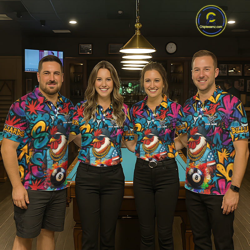 Funny Rooster Colorful Graffiti 8 Ball Billiard Shirt For Men Custom Pool Jersey Polo & 1/4 Zip TDM6368