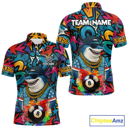 Funny Shark Colorful Graffiti 8 Ball Billiard Shirt For Men Custom Pool Jersey Polo & 1/4 Zip TDM6369