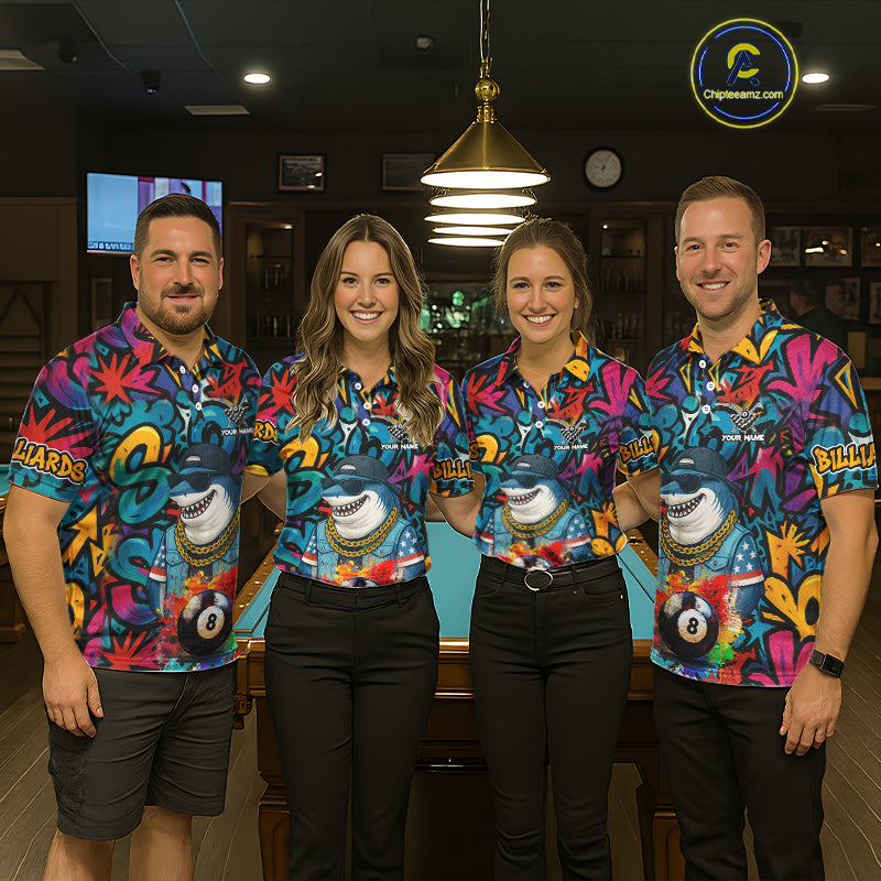 Funny Shark Colorful Graffiti 8 Ball Billiard Shirt For Men Custom Pool Jersey Polo & 1/4 Zip TDM6369