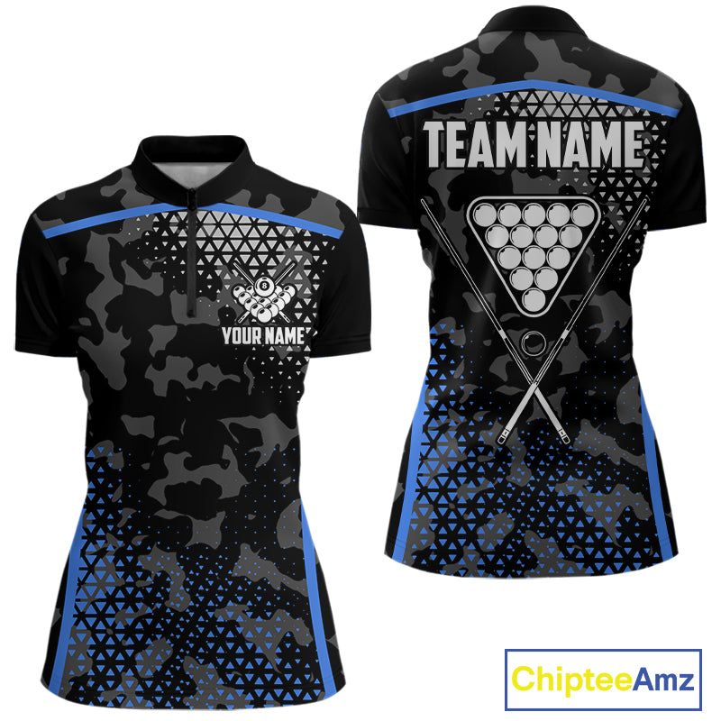 Black And Blue 8 Ball Pool Billiard Shirt For Women Custom Camo Billiard Team Jersey Polo & 1/4 Zip TDM6567