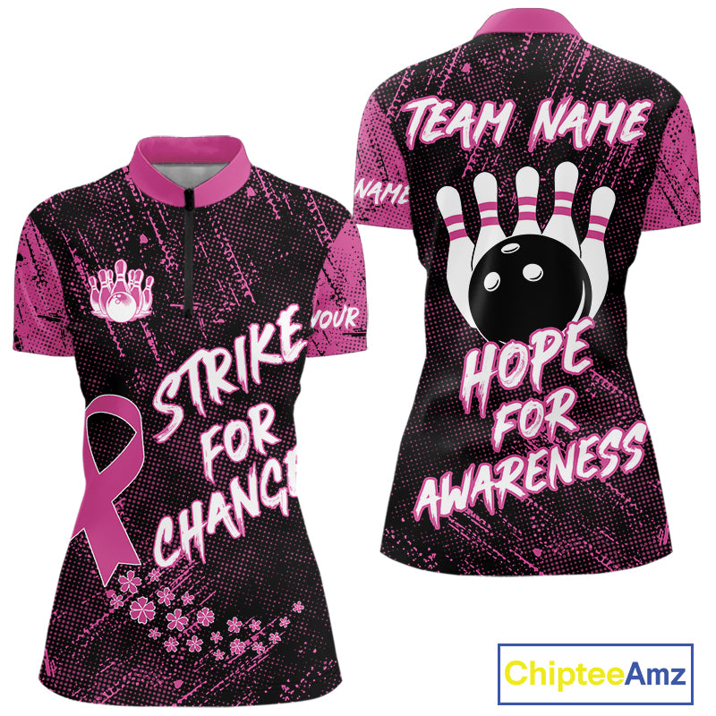 Strike For Change Pink Ribbon Custom Bowling Shirt For Women, Breast Cancer Awareness Bowling Jersey TDM4635