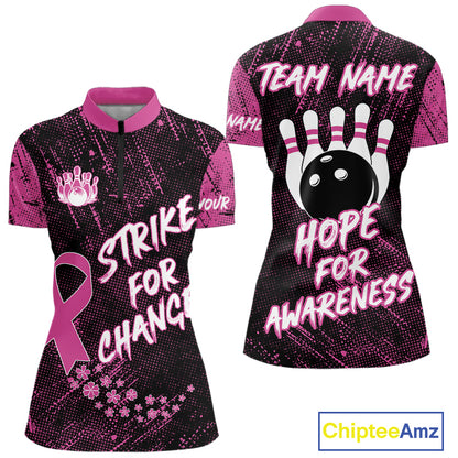 Strike For Change Pink Ribbon Custom Bowling Shirt For Women, Breast Cancer Awareness Bowling Jersey TDM4635