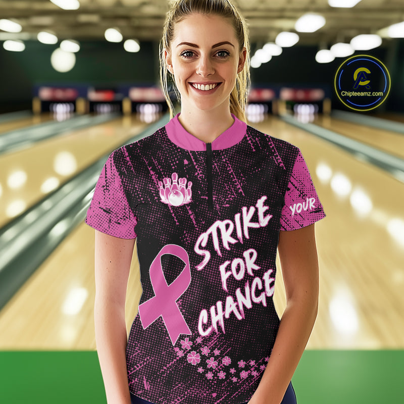 Strike For Change Pink Ribbon Custom Bowling Shirt For Women, Breast Cancer Awareness Bowling Jersey TDM4635