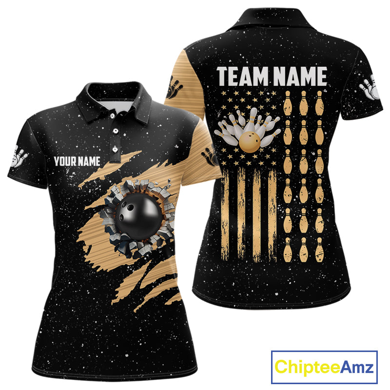 Custom Grunge American Flag Bowling Shirt For Women, Patriotic Bowling Team Jersey Polo & 1/4 Zip TDM4631