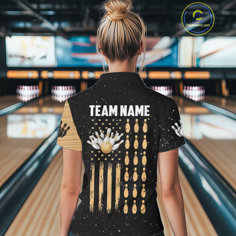 Custom Grunge American Flag Bowling Shirt For Women, Patriotic Bowling Team Jersey Polo & 1/4 Zip TDM4631