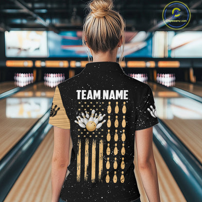 Custom Grunge American Flag Bowling Shirt For Women, Patriotic Bowling Team Jersey Polo & 1/4 Zip TDM4631
