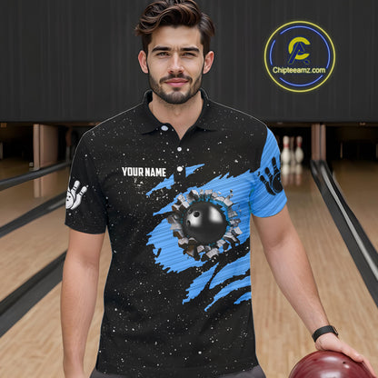 Custom Blue Grunge American Flag Bowling Shirt For Men, Patriotic Bowling Team Jersey Polo, 1/4 Zip TDM4632