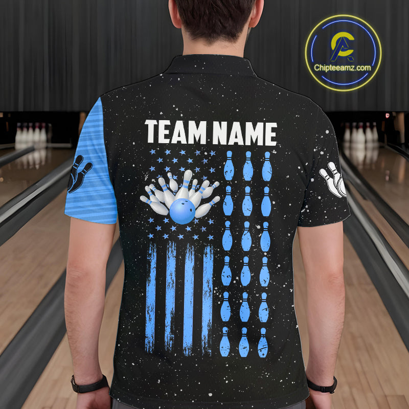 Custom Blue Grunge American Flag Bowling Shirt For Men, Patriotic Bowling Team Jersey Polo, 1/4 Zip TDM4632