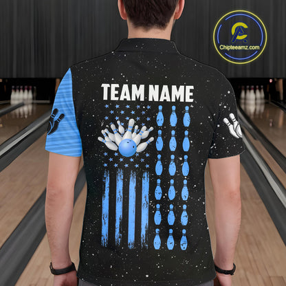 Custom Blue Grunge American Flag Bowling Shirt For Men, Patriotic Bowling Team Jersey Polo, 1/4 Zip TDM4632
