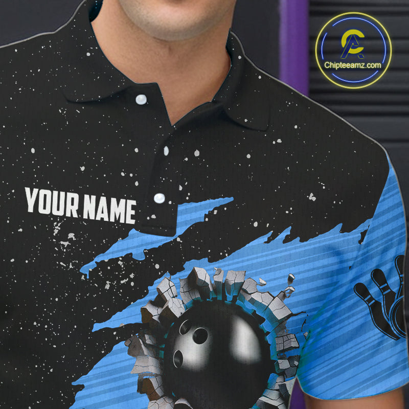 Custom Blue Grunge American Flag Bowling Shirt For Men, Patriotic Bowling Team Jersey Polo, 1/4 Zip TDM4632