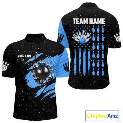 Custom Blue Grunge American Flag Bowling Shirt For Men, Patriotic Bowling Team Jersey Polo, 1/4 Zip TDM4632