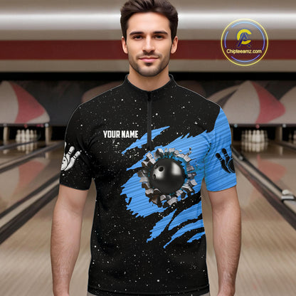 Custom Blue Grunge American Flag Bowling Shirt For Men, Patriotic Bowling Team Jersey Polo, 1/4 Zip TDM4632
