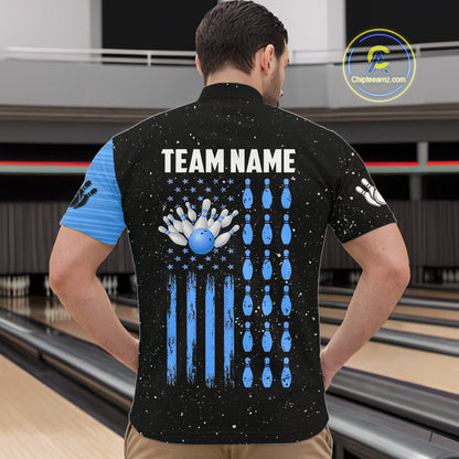 Custom Blue Grunge American Flag Bowling Shirt For Men, Patriotic Bowling Team Jersey Polo, 1/4 Zip TDM4632
