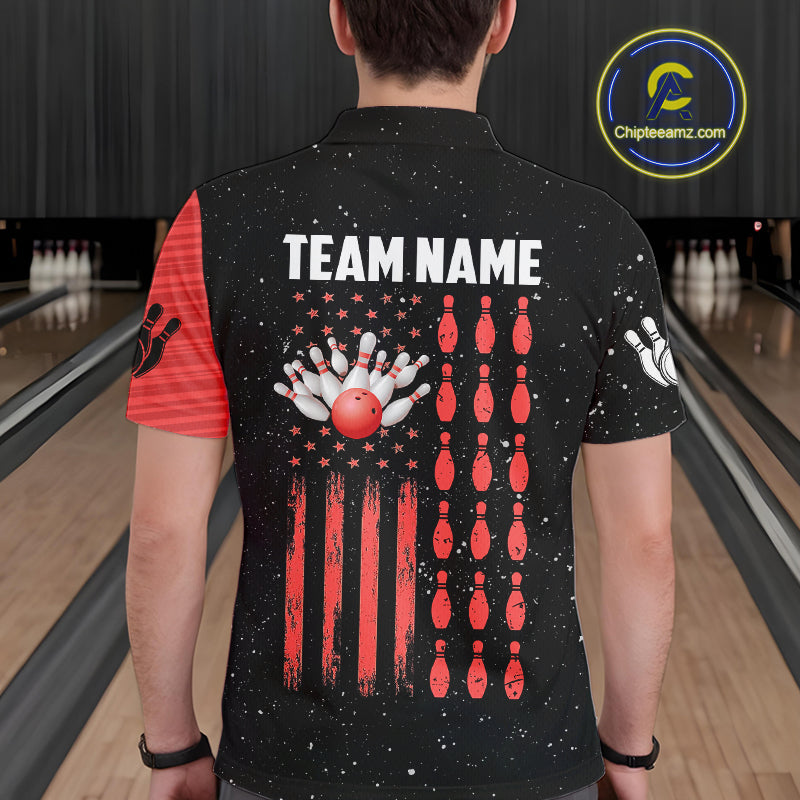 Custom Red Grunge American Flag Bowling Shirt For Men, Patriotic Bowling Team Jersey Polo, 1/4 Zip TDM4633