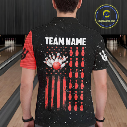 Custom Red Grunge American Flag Bowling Shirt For Men, Patriotic Bowling Team Jersey Polo, 1/4 Zip TDM4633