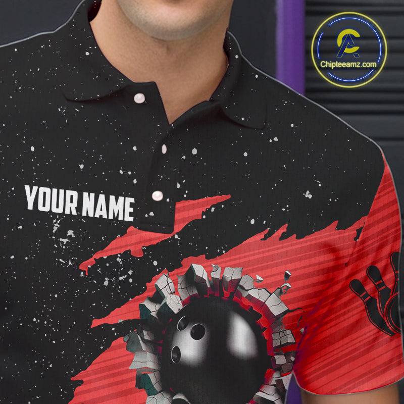 Custom Red Grunge American Flag Bowling Shirt For Men, Patriotic Bowling Team Jersey Polo, 1/4 Zip TDM4633