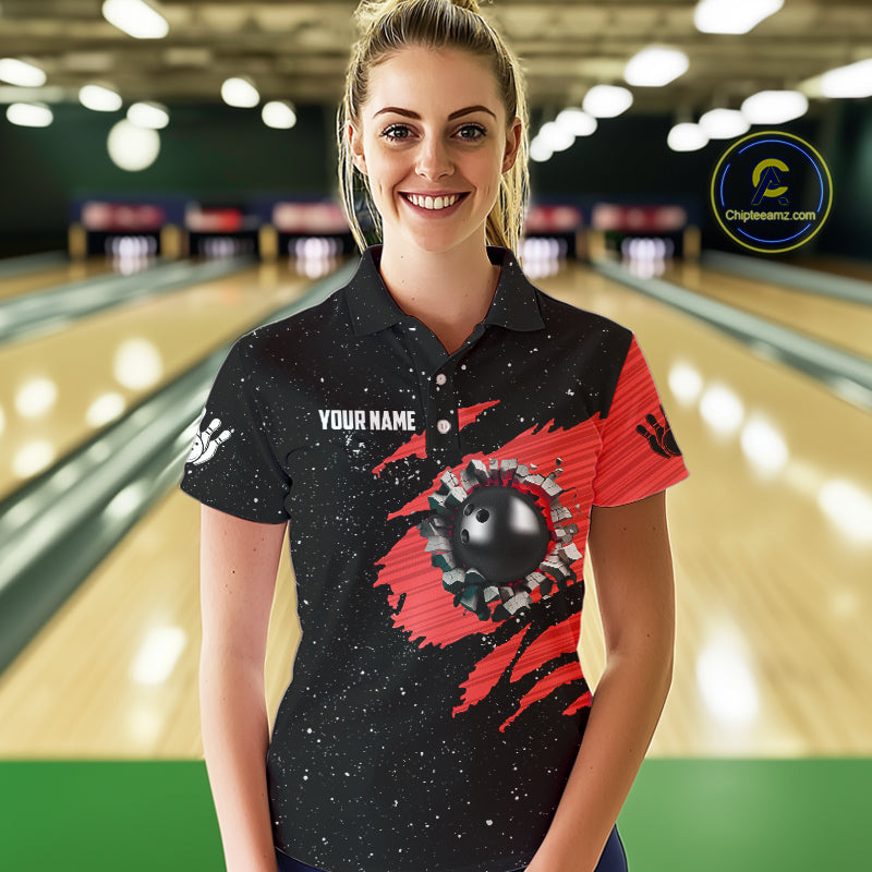 Custom Red Grunge American Flag Bowling Shirt For Women, Patriotic Bowling Team Jersey Polo, 1/4 Zip TDM4633