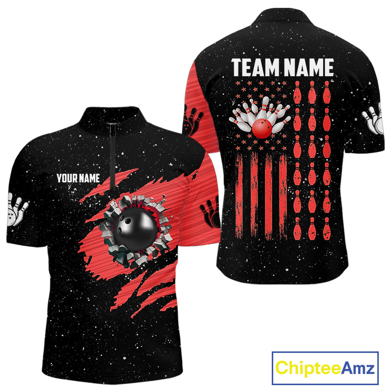 Custom Red Grunge American Flag Bowling Shirt For Men, Patriotic Bowling Team Jersey Polo, 1/4 Zip TDM4633