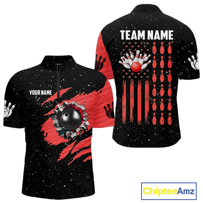 Custom Red Grunge American Flag Bowling Shirt For Men, Patriotic Bowling Team Jersey Polo, 1/4 Zip TDM4633