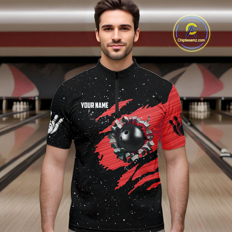 Custom Red Grunge American Flag Bowling Shirt For Men, Patriotic Bowling Team Jersey Polo, 1/4 Zip TDM4633