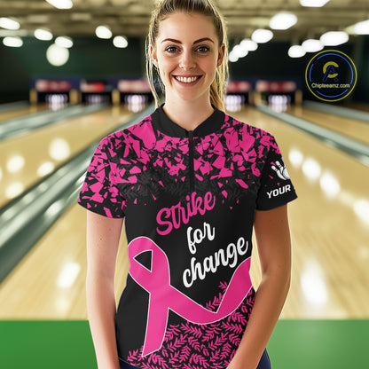 Strike For Change Hope For Awareness Custom Bowling Shirt For Women, Breast Cancer Bowling Jerseys TDM4634
