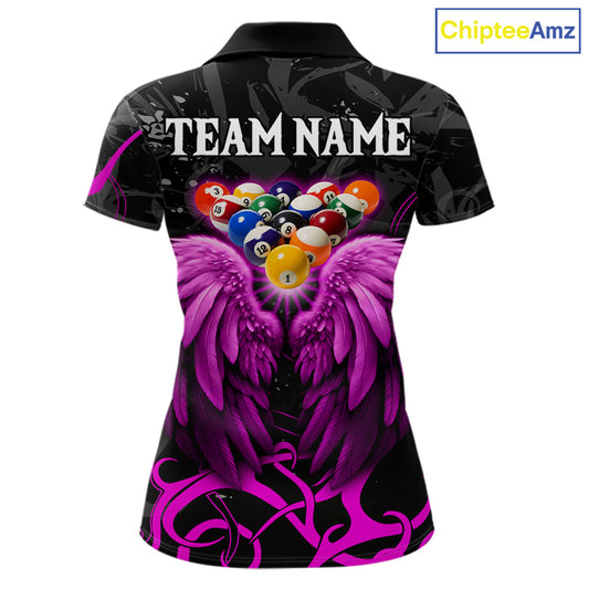 Black And Purple 8 Ball Wings Billiard Shirt For Women Custom Tribal Pool Jersey Team Polo & 1/4 Zip TDM5774
