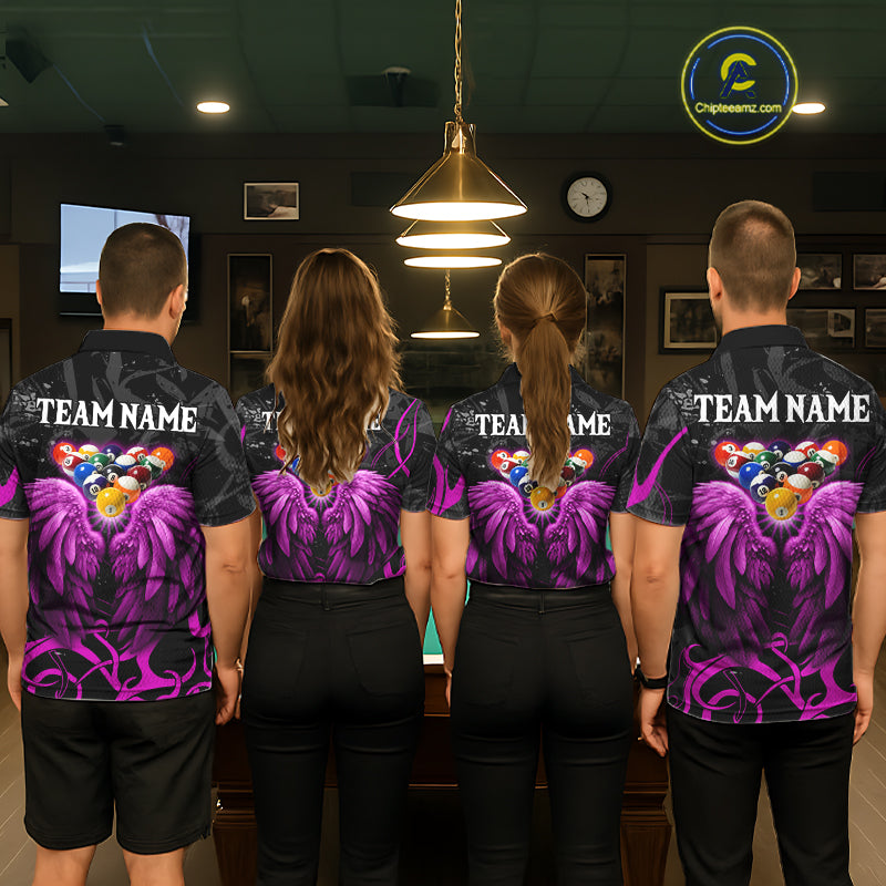 Black And Purple 8 Ball Wings Billiard Shirt For Men Custom Tribal Pool Jersey Team Polo & 1/4 Zip TDM5774