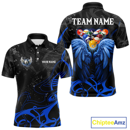 Black And Blue 8 Ball Wings Billiard Shirt For Men Custom Tribal Pool Jersey Team Polo & 1/4 Zip TDM5775
