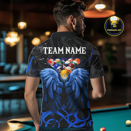 Black And Blue 8 Ball Wings Billiard Shirt For Men Custom Tribal Pool Jersey Team Polo & 1/4 Zip TDM5775