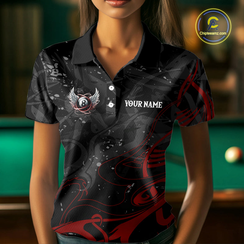 Black And Red 8 Ball Wings Billiard Shirt For Women Custom Tribal Pool Jersey Team Polo & 1/4 Zip TDM5776
