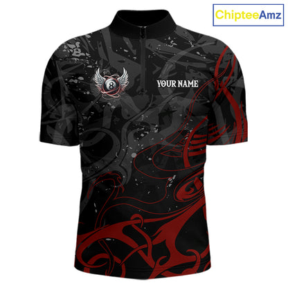 Black And Red 8 Ball Wings Billiard Shirt For Men Custom Tribal Pool Jersey Team Polo & 1/4 Zip TDM5776