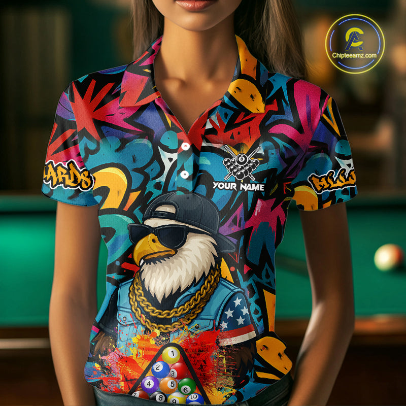 Funny Eagle Colorful Graffiti 8 Ball Billiard Shirt For Women Custom Billiard Jersey Pool Team Shirt TDM5782