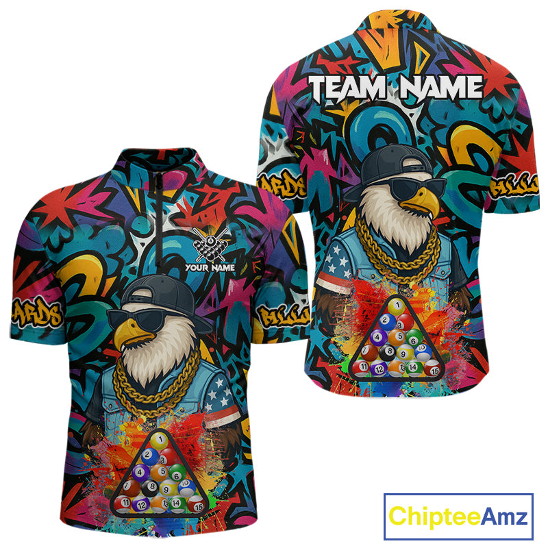 Funny Eagle Colorful Graffiti 8 Ball Billiard Shirt For Men Custom Billiard Jersey Pool Team Shirt TDM5782