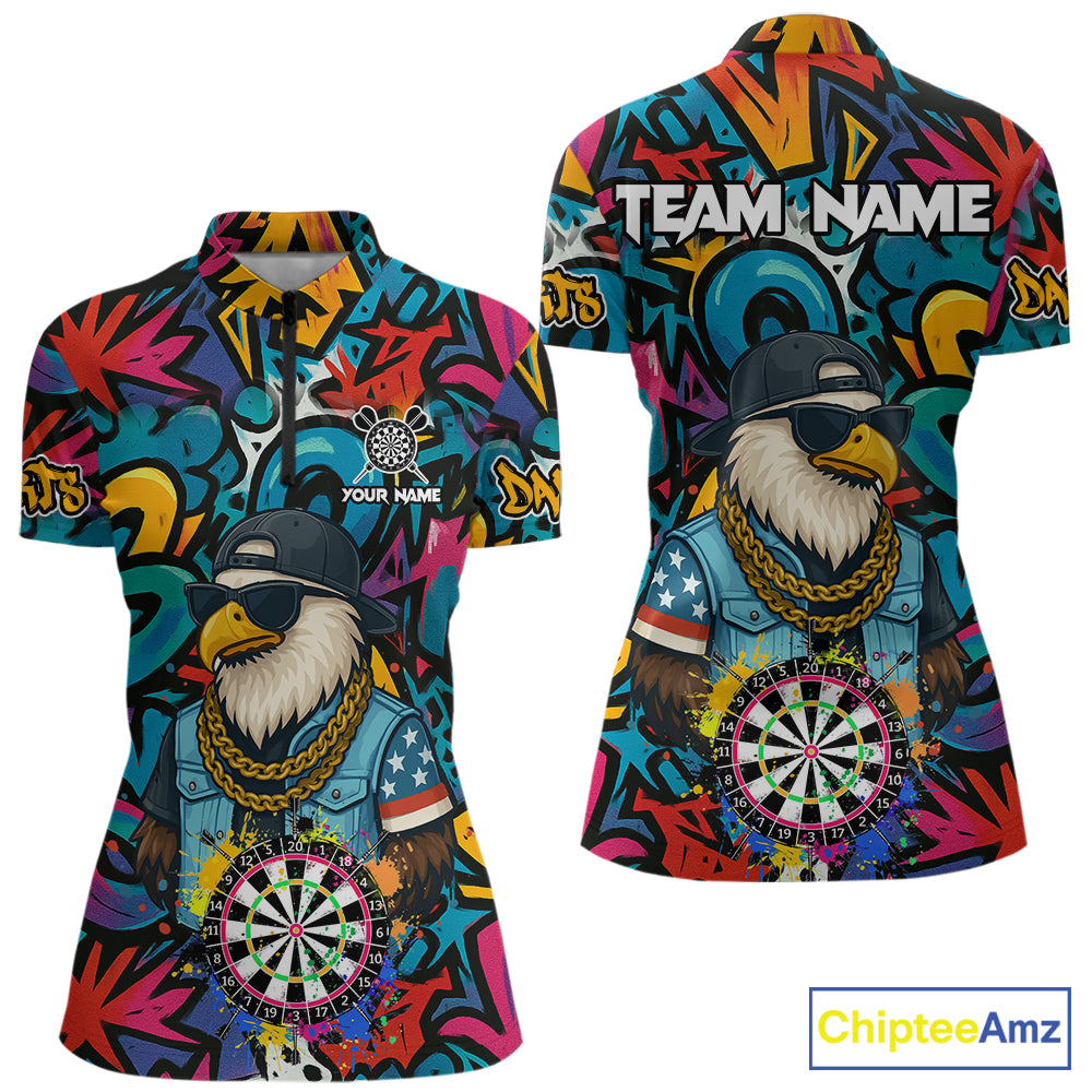 Funny Eagle Colorful Graffiti Darts Shirt For Women Custom Darts Jersey Team Polo & 1/4 Zip TDM5783