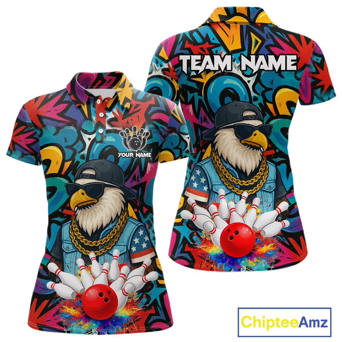 Funny Eagle Colorful Graffiti Bowling Shirt For Women Custom Bowling Team Jersey Polo & 1/4 Zpip TDM5784