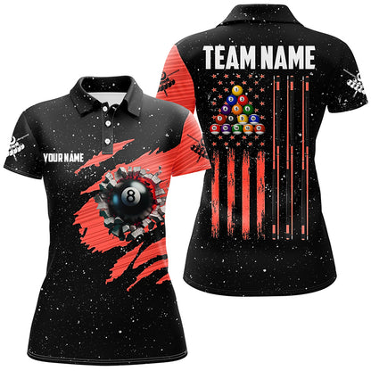 Customized Grunge American Flag 8 Ball Pool Women Billiard Polo Shirts, Pool Player Shirts |Red TDM1114
